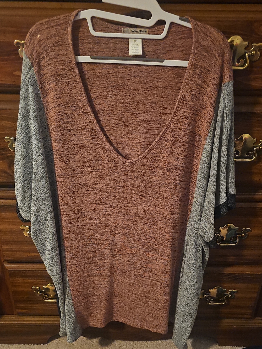Avenue Marled Brown V-Neck Short Sleeve Dolman Top